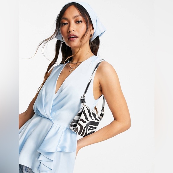 River Island drapey satin sleeveless top in light blue sexy ruffle shirt size 14 - Picture 5 of 16